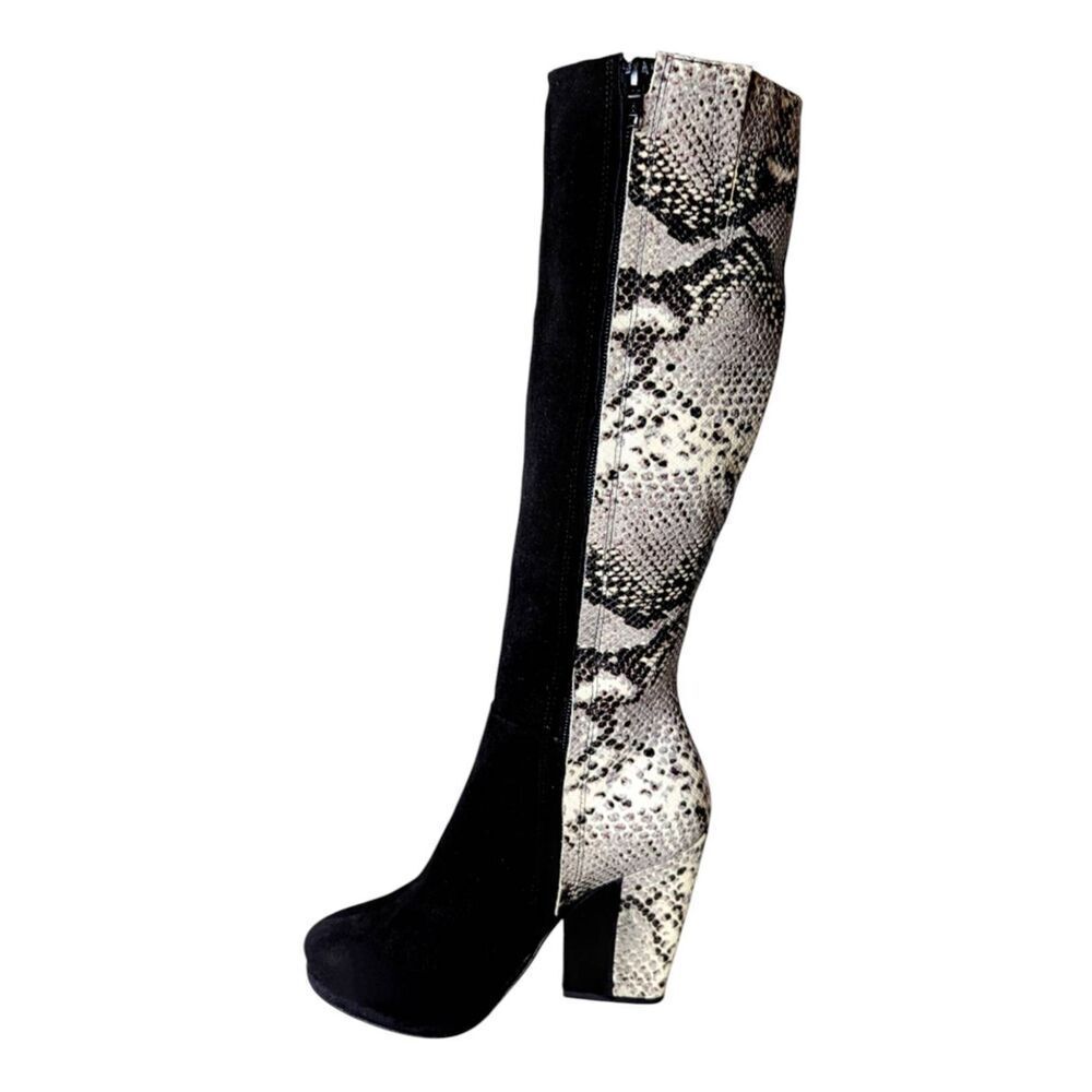POUR LA VICTOIRE Tall Snakeskin Black Suede Heeled Boot Size 7.5